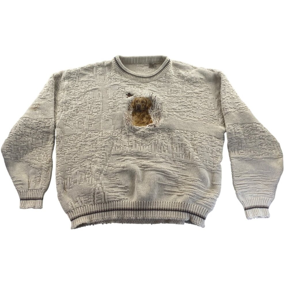 Vintage White Sweater With Embroidered Dog Design XXL Heavy Knit Cotton Crewneck
